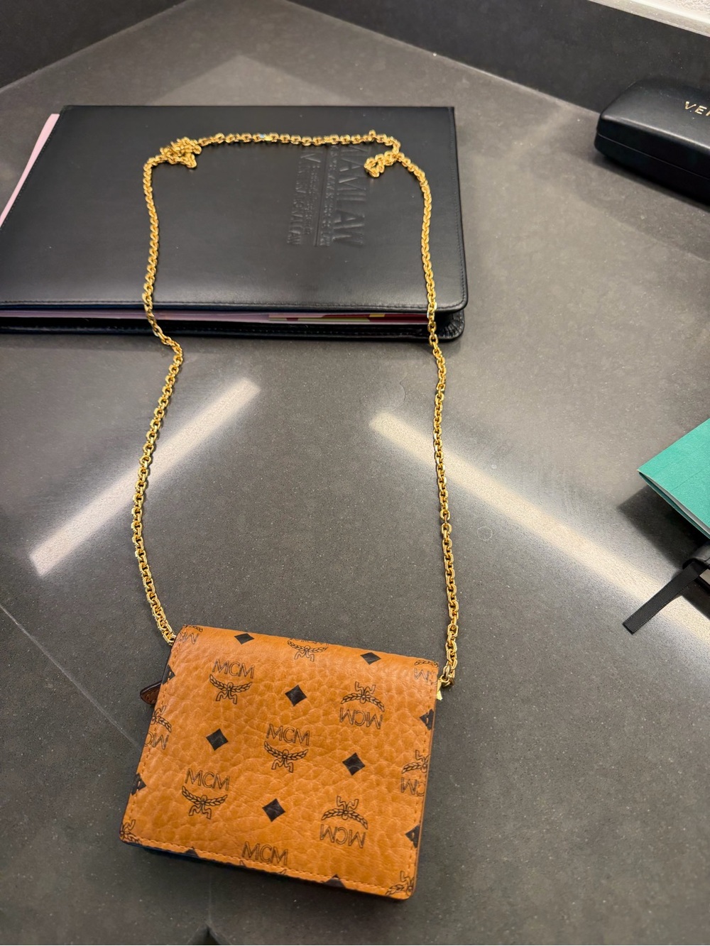 MCM Cognac Visetos Crossbody Bag with Gold Chain Strap